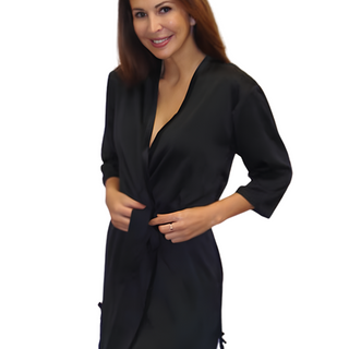 Bassoni 3/4 Sleeve Satin Wrap Gown with Lace Trim