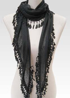 Fine Stretch Fashion Scarf with Lace Trim & Leaf Detail