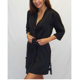 Bassoni 3/4 Sleeve Satin Wrap Gown with Lace Trim
