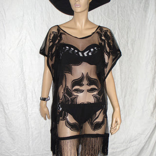 Ivys Net Flower Pattern Fringed Kaftan