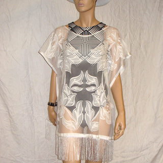 Ivys Net Flower Pattern Fringed Kaftan
