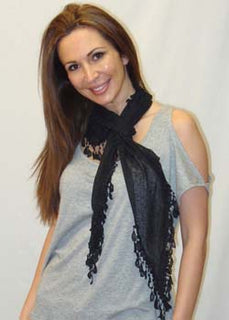 Fine Stretch Fashion Scarf with Lace Trim & Leaf Detail